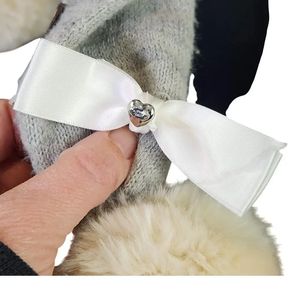 Juicy Couture Gray Knit Scarf Faux Fur Pompoms Bow Y2K 2000s Retro